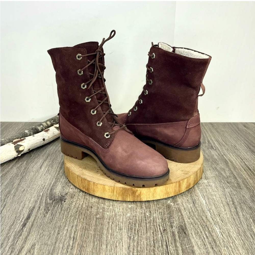 *Timberland | Waterproof Foldover Teddy Fleece Red Leather Suede Bootie Size 9.5 - Picture 9 of 16